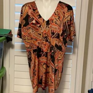 INC International Concepts Paisley V-Neck Blouse - Black and Orange
